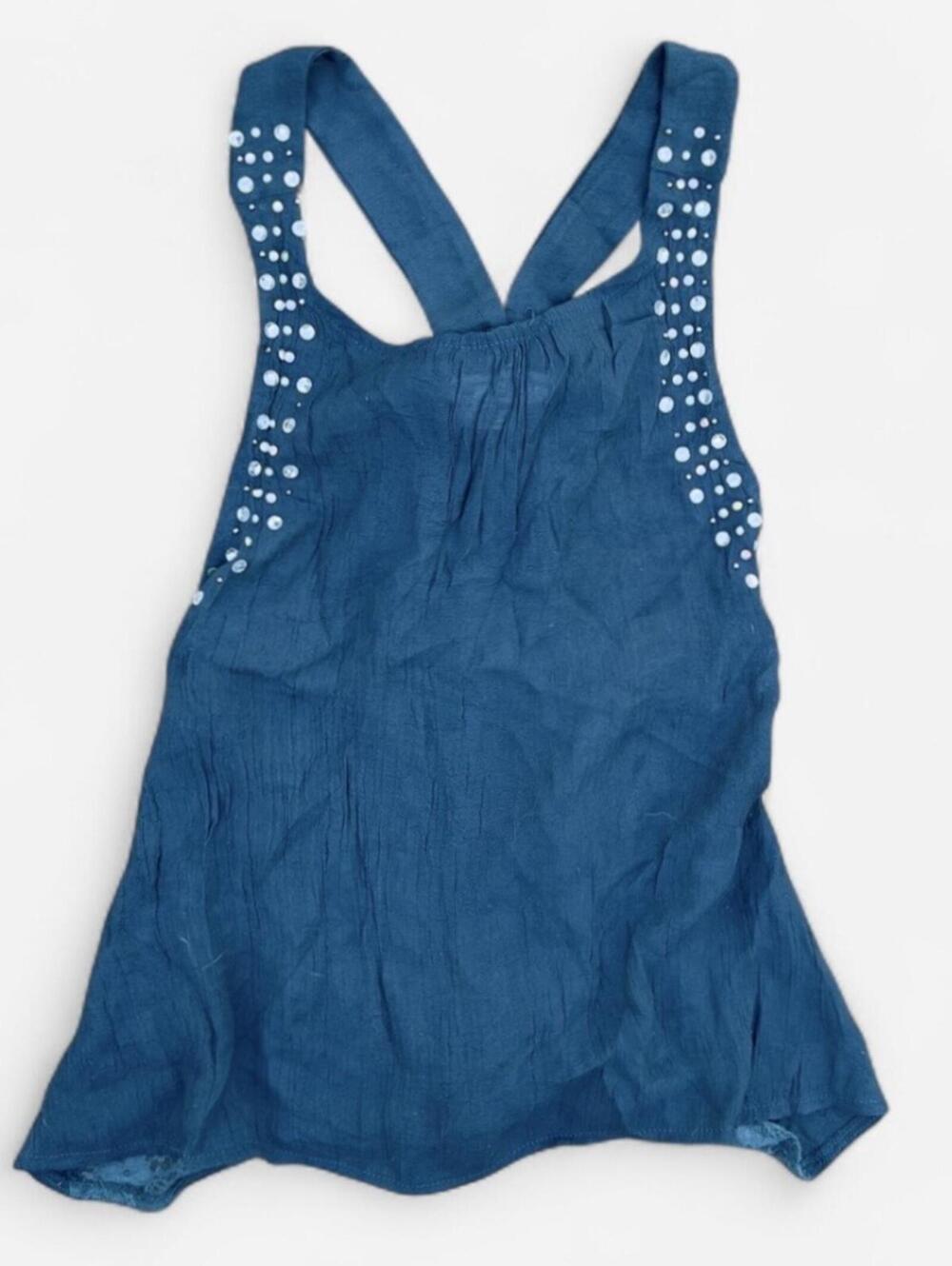 Peras Teal Lace Back Bedazzled Bow Flowy Top